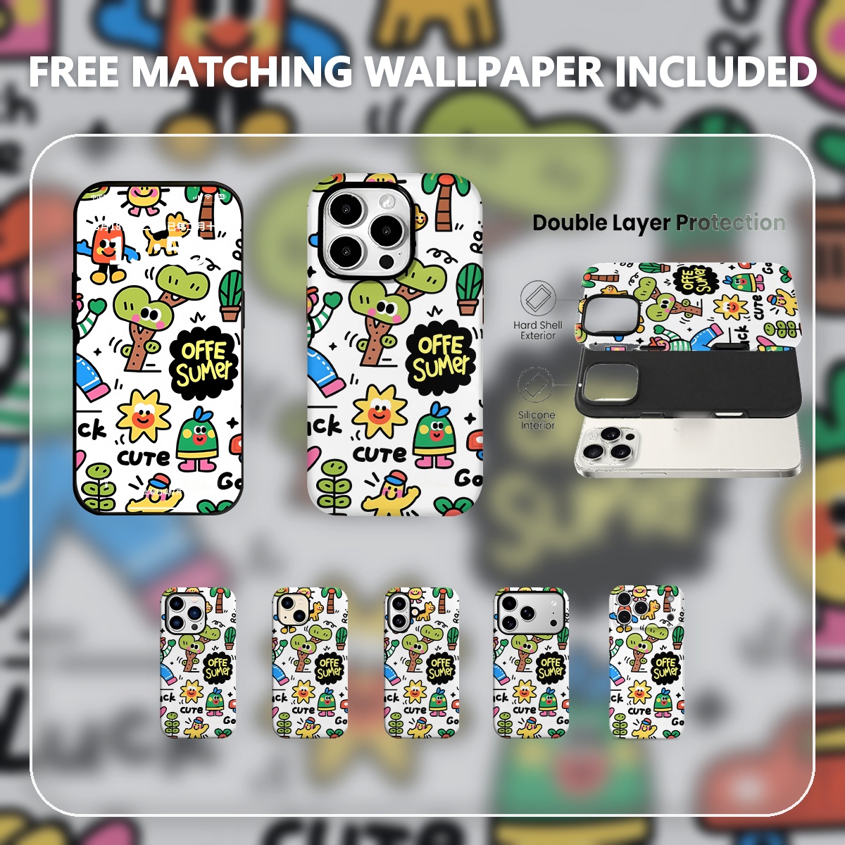 Phone Cases Kawaii - Doodle Desenli Yaz Temalı Karikatür İllüstrasyonlu