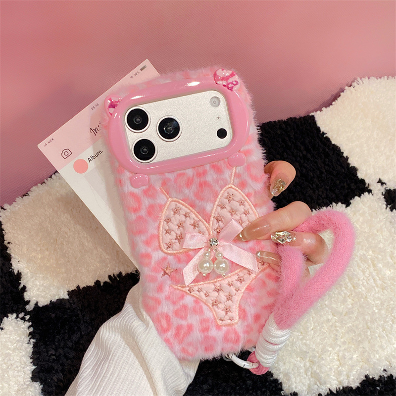 Phone Cases Iphone 14 - Lüks Leopar Desenli Bikini Desenli Peluş